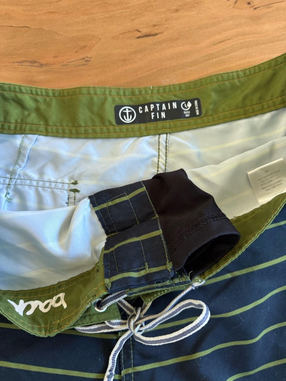 Captain Fin Time Warp Striped Board Shorts Navy Olive Green  Drawstring Size 36 - Picture 5 of 10